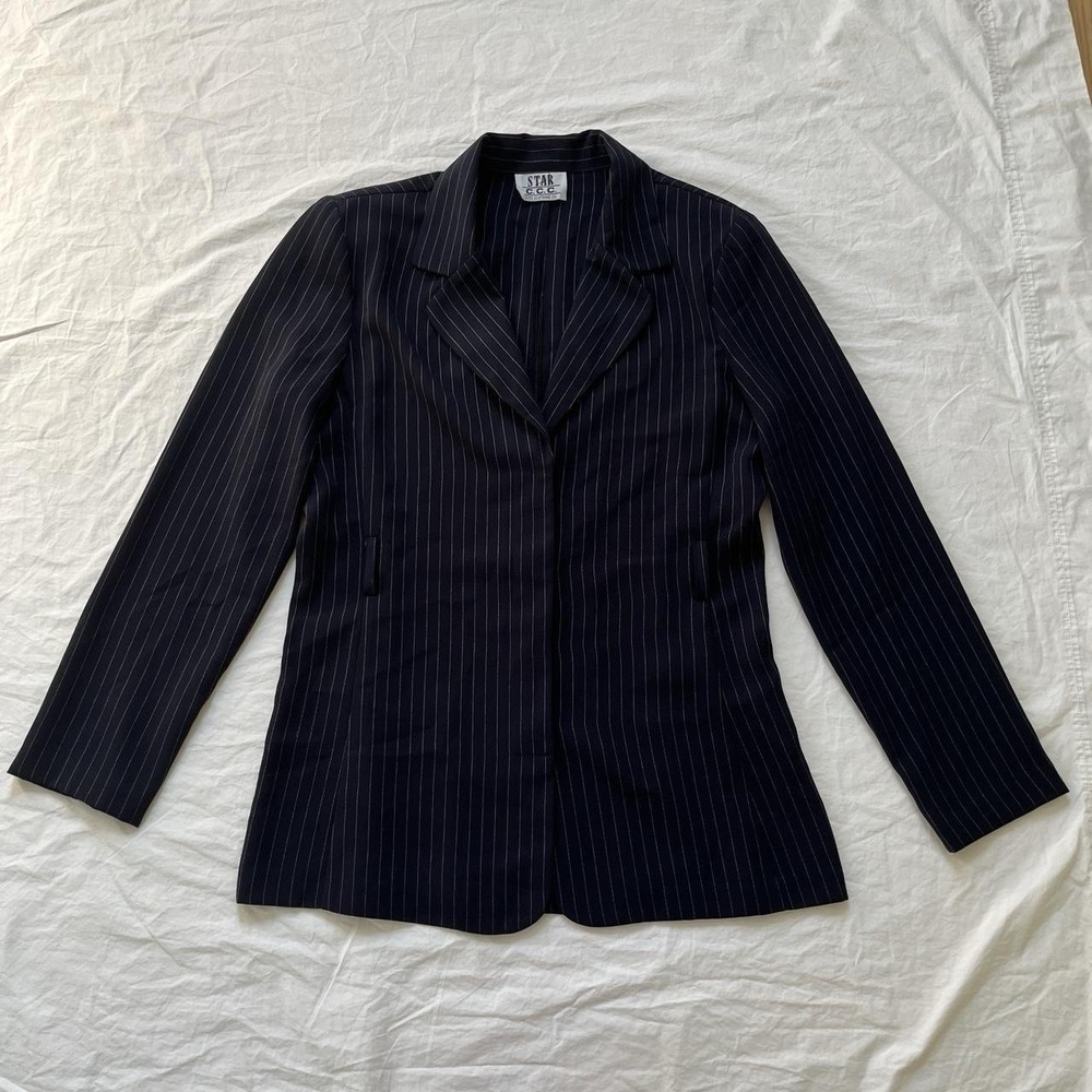 90s Pinstripe Blazer Star CCC City Jacket Shoulder Pads Navy Women's Medium - Picture 2 of 10